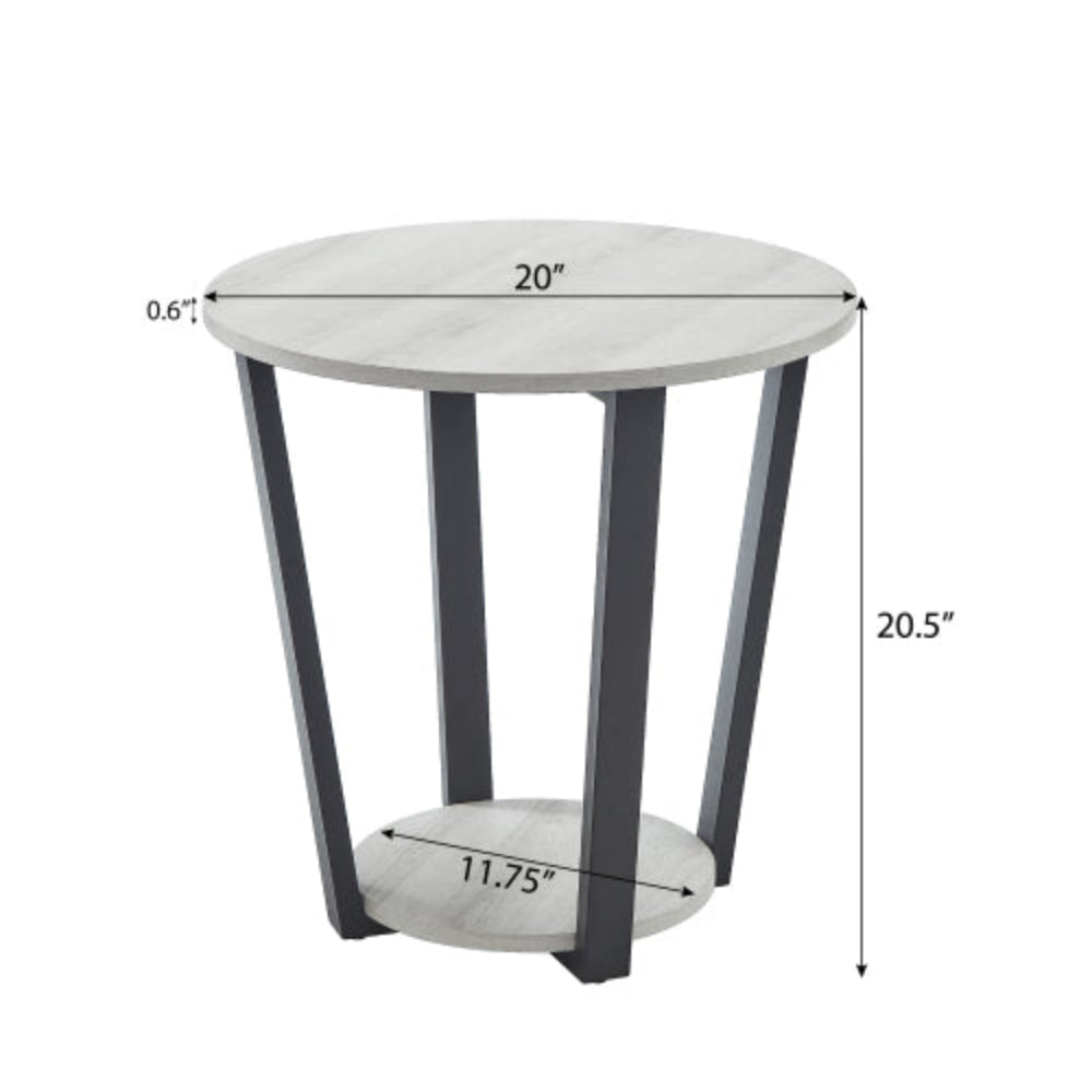 Contemporary Round End Table with Lower Storage Shelf, Stable Round Base, 20Dia x 20.5H, Modern Wood Grain Accent, for Home Office - White