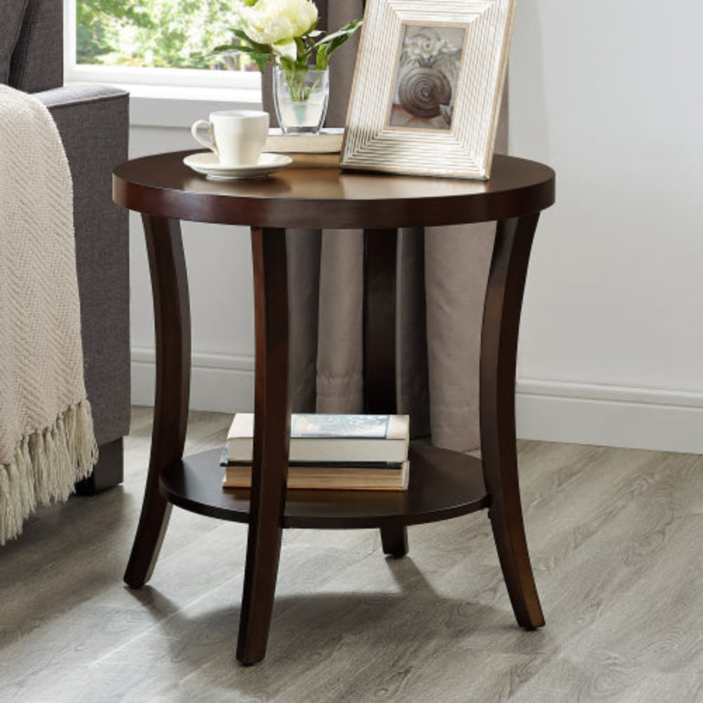 Round End Table, Birch Wood Veneer Top with Lower Shelf, Rich Espresso Finish, 23"W x 23"D x 23.5"H, Side Table for Living Room Office