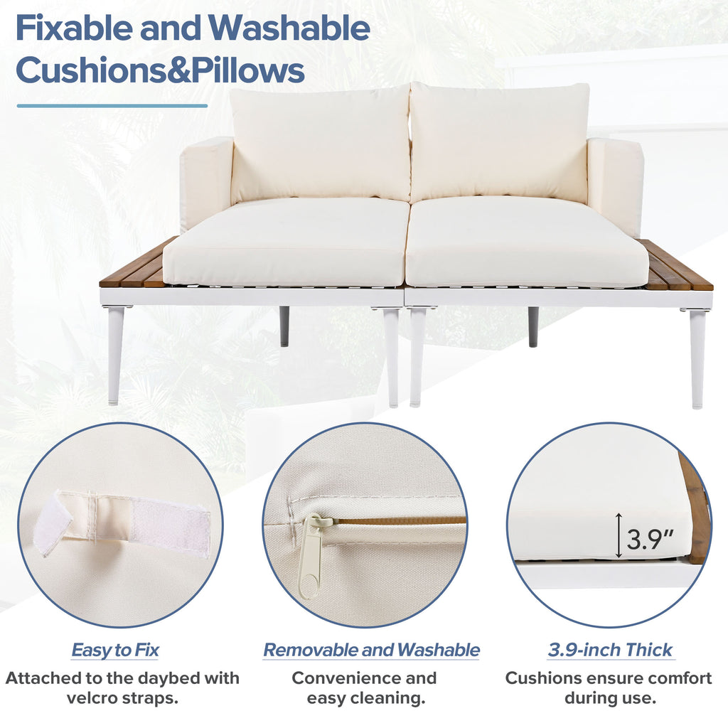 Modern Outdoor Daybed Patio Metal Daybed with Wood Topped Side Spaces for Drinks, 2 in 1 Padded Chaise Lounges for Poolside, Balcony, Deck, Beige