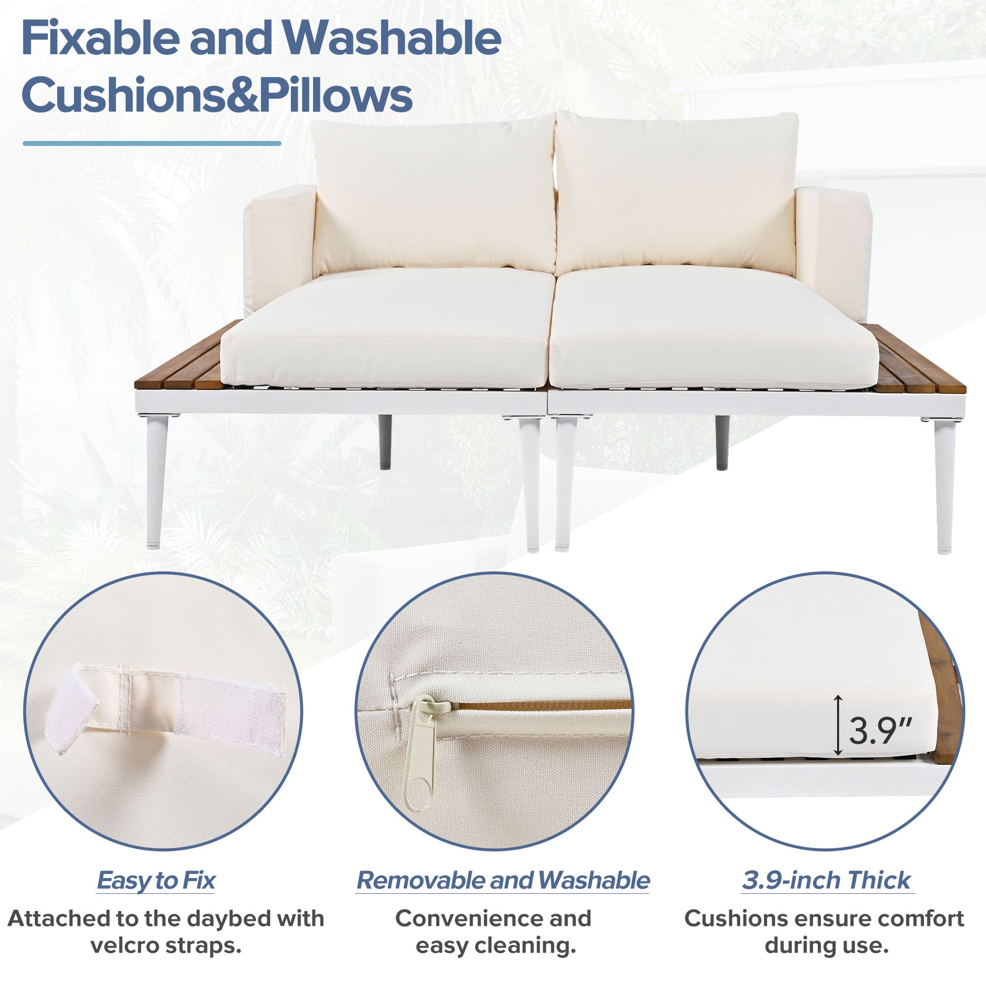 Modern Outdoor Daybed Patio Metal Daybed with Wood Topped Side Spaces for Drinks, 2 in 1 Padded Chaise Lounges for Poolside, Balcony, Deck, Beige