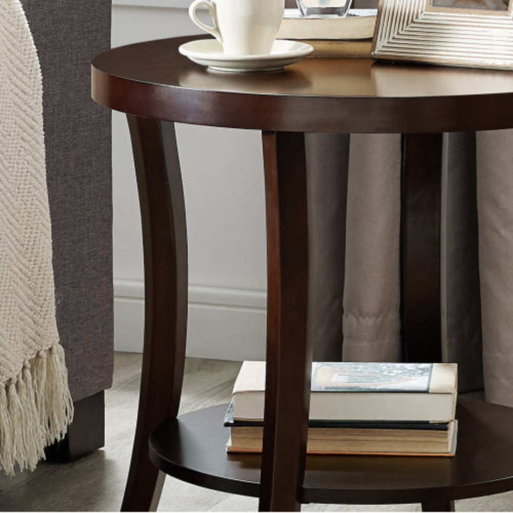 Round End Table, Birch Wood Veneer Top with Lower Shelf, Rich Espresso Finish, 23"W x 23"D x 23.5"H, Side Table for Living Room Office