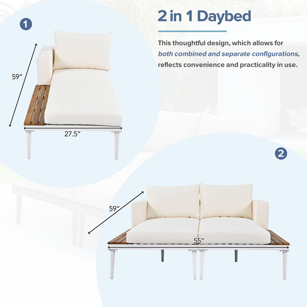Modern Outdoor Daybed Patio Metal Daybed with Wood Topped Side Spaces for Drinks, 2 in 1 Padded Chaise Lounges for Poolside, Balcony, Deck, Beige