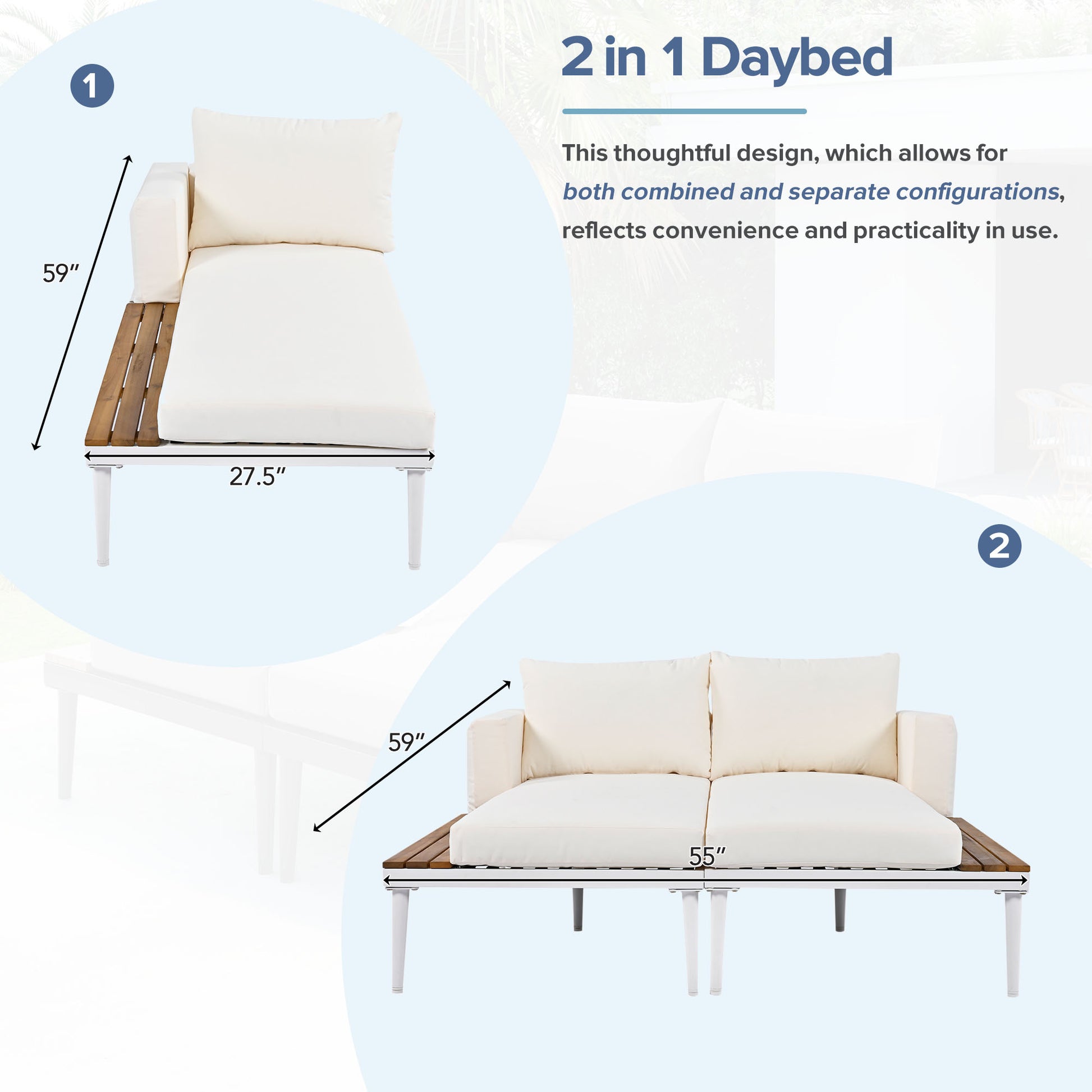 Modern Outdoor Daybed Patio Metal Daybed with Wood Topped Side Spaces for Drinks, 2 in 1 Padded Chaise Lounges for Poolside, Balcony, Deck, Beige