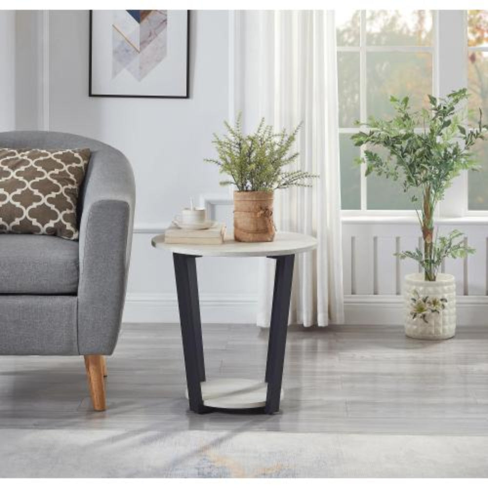 Contemporary Round End Table with Lower Storage Shelf, Stable Round Base, 20Dia x 20.5H, Modern Wood Grain Accent, for Home Office - White
