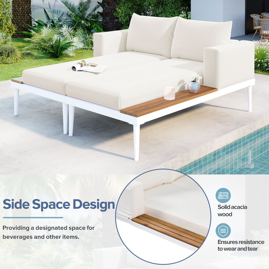 Modern Outdoor Daybed Patio Metal Daybed with Wood Topped Side Spaces for Drinks, 2 in 1 Padded Chaise Lounges for Poolside, Balcony, Deck, Beige