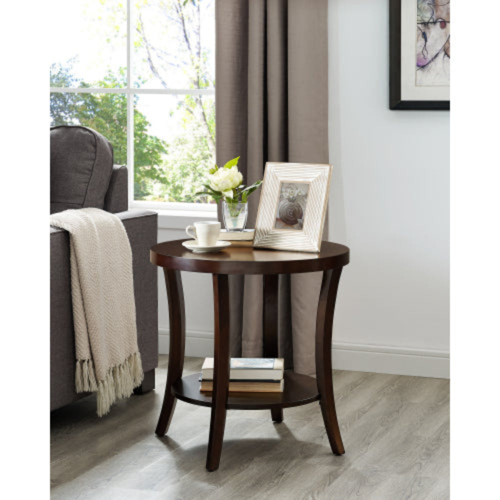 Round End Table, Birch Wood Veneer Top with Lower Shelf, Rich Espresso Finish, 23"W x 23"D x 23.5"H, Side Table for Living Room Office