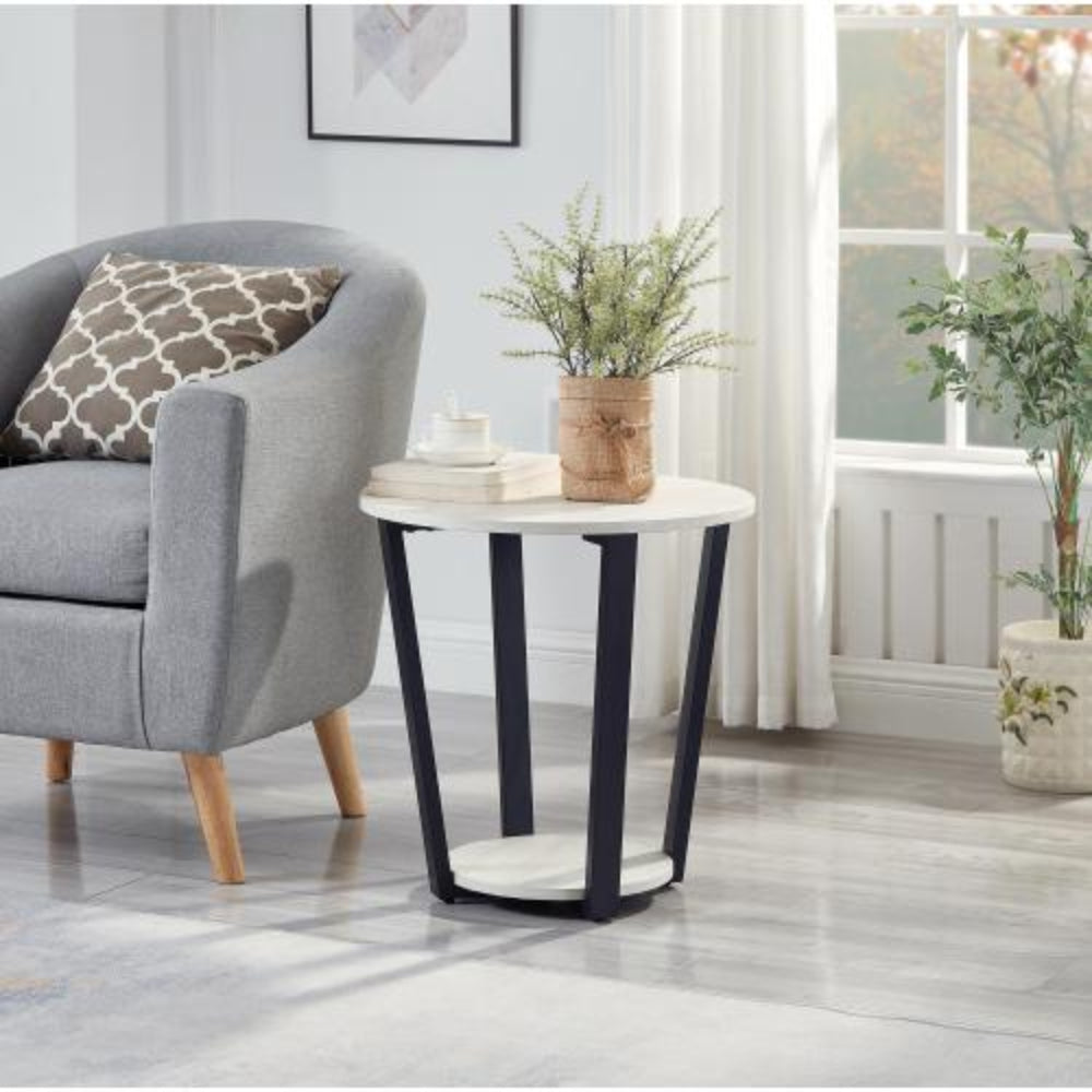 Contemporary Round End Table with Lower Storage Shelf, Stable Round Base, 20Dia x 20.5H, Modern Wood Grain Accent, for Home Office - White