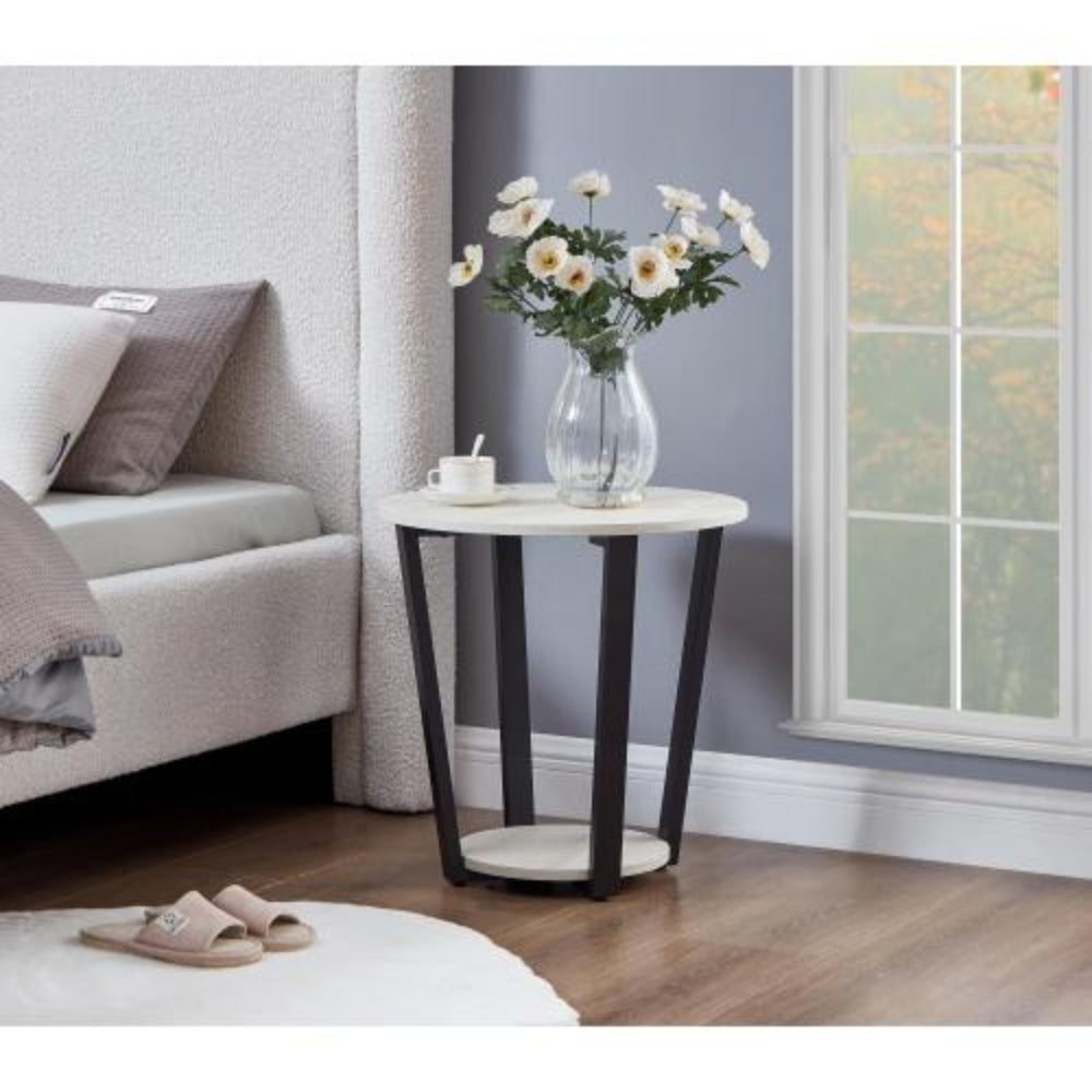Contemporary Round End Table with Lower Storage Shelf, Stable Round Base, 20Dia x 20.5H, Modern Wood Grain Accent, for Home Office - White