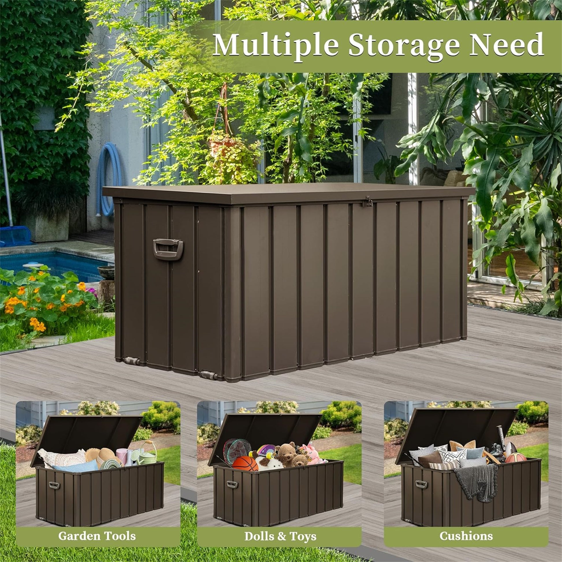 150 Gallon Patio Steel Storage Deck Box, Waterproof Lockable Bin for Cushions, Pillows & Tools