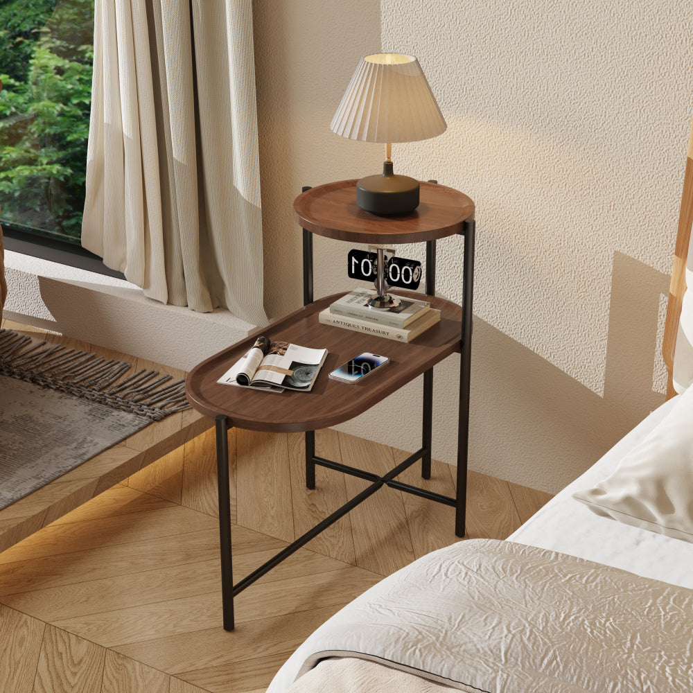 Chic Crate - Space-saving Walnut Brown Nightstand for Living Room - 2-tier Modern Sofa Side Table with Wood Storage Shelf