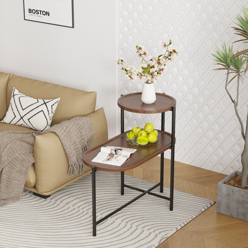 Chic Crate - Space-saving Walnut Brown Nightstand for Living Room - 2-tier Modern Sofa Side Table with Wood Storage Shelf