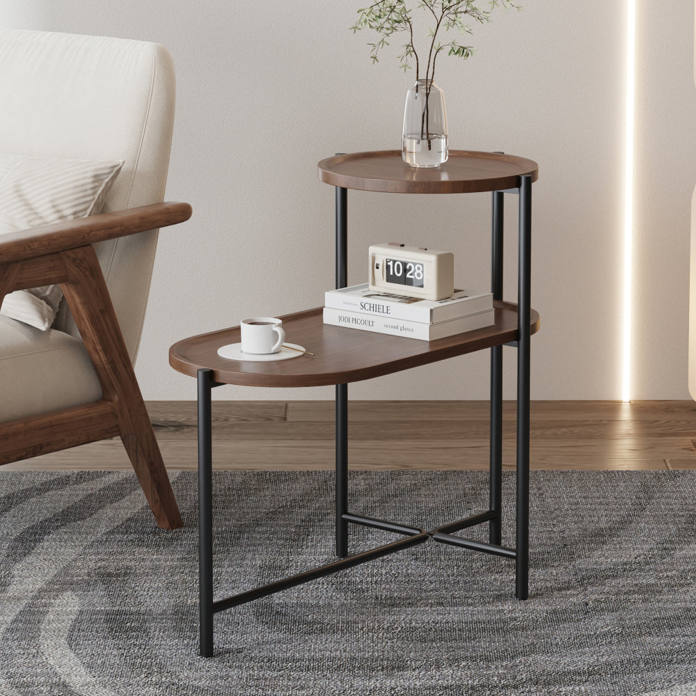 Chic Crate - Space-saving Walnut Brown Nightstand for Living Room - 2-tier Modern Sofa Side Table with Wood Storage Shelf