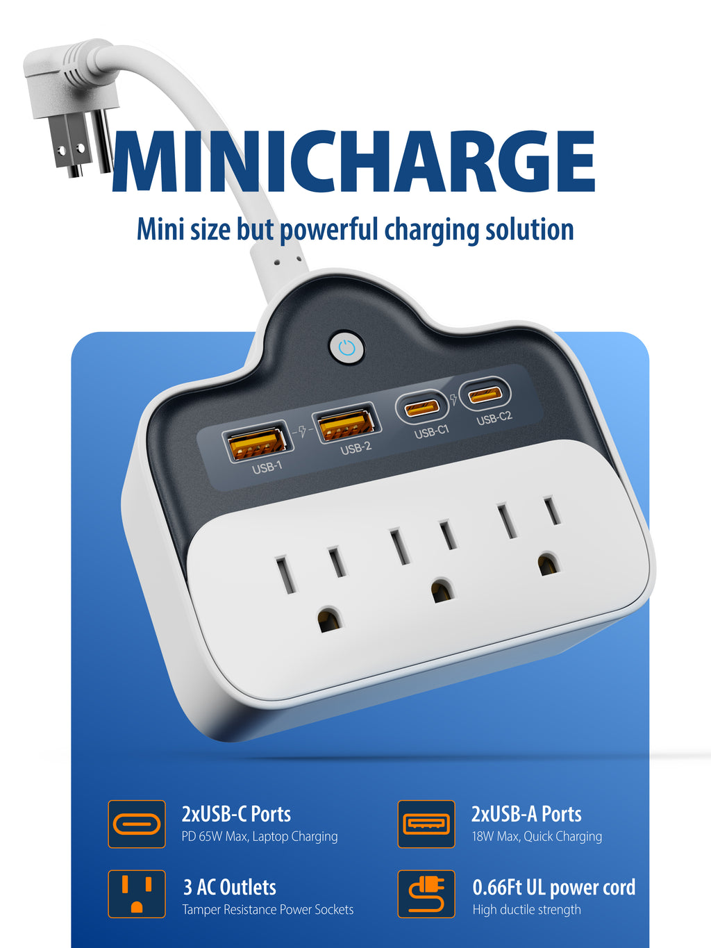 7-in-1 Compact Wall-Mount Power Strip with 65W PD USB-C Fast Charging – Short Cord Travel & Home Solution