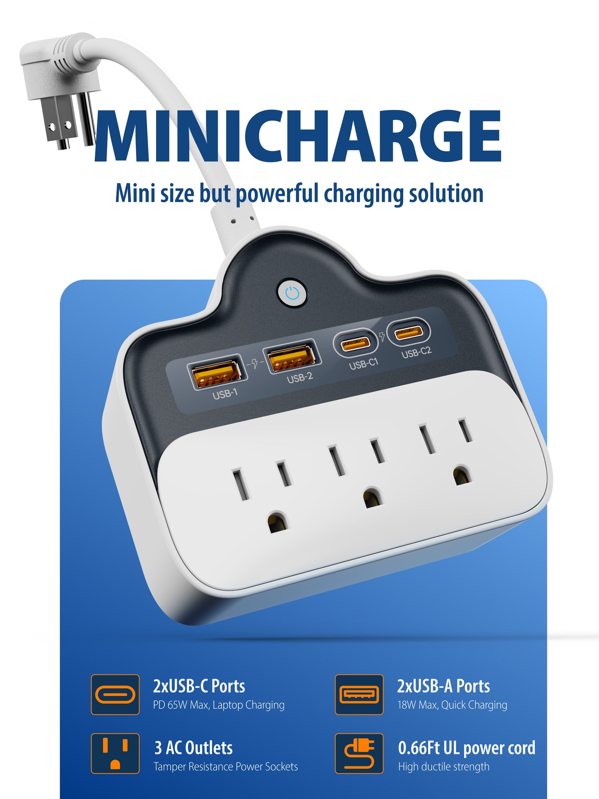7-in-1 Compact Wall-Mount Power Strip with 65W PD USB-C Fast Charging – Short Cord Travel & Home Solution