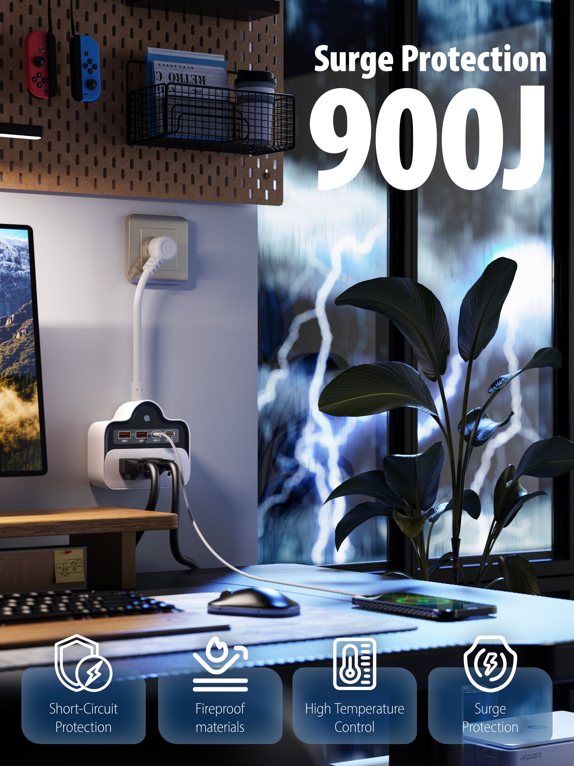 7-in-1 Compact Wall-Mount Power Strip with 65W PD USB-C Fast Charging – Short Cord Travel & Home Solution