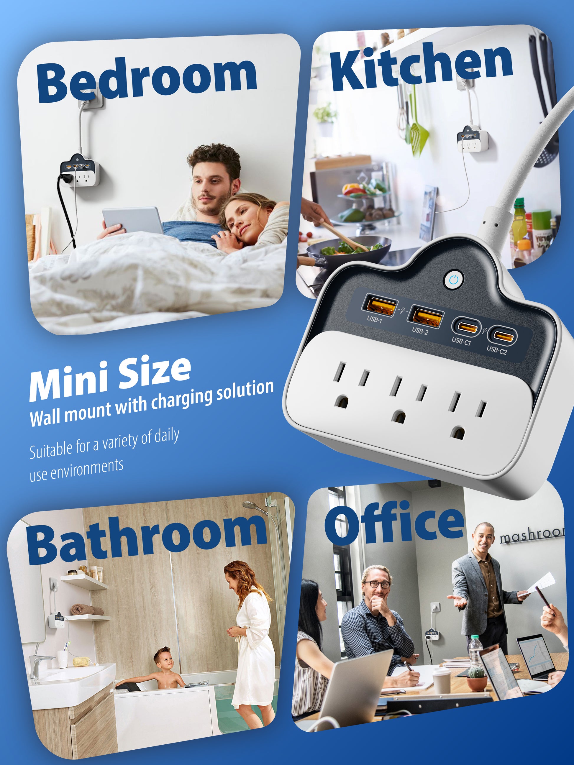 7-in-1 Compact Wall-Mount Power Strip with 65W PD USB-C Fast Charging – Short Cord Travel & Home Solution