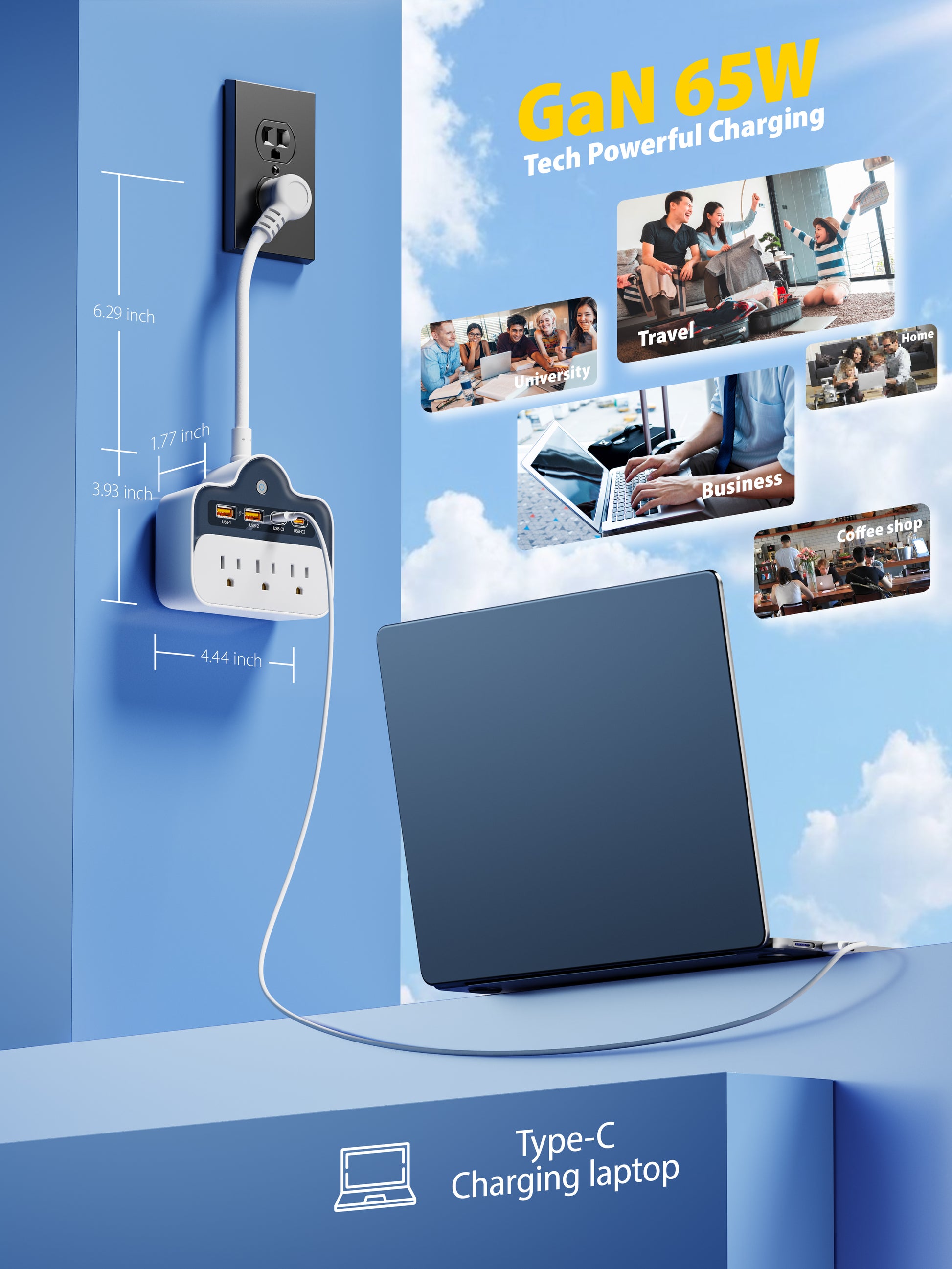 7-in-1 Compact Wall-Mount Power Strip with 65W PD USB-C Fast Charging – Short Cord Travel & Home Solution