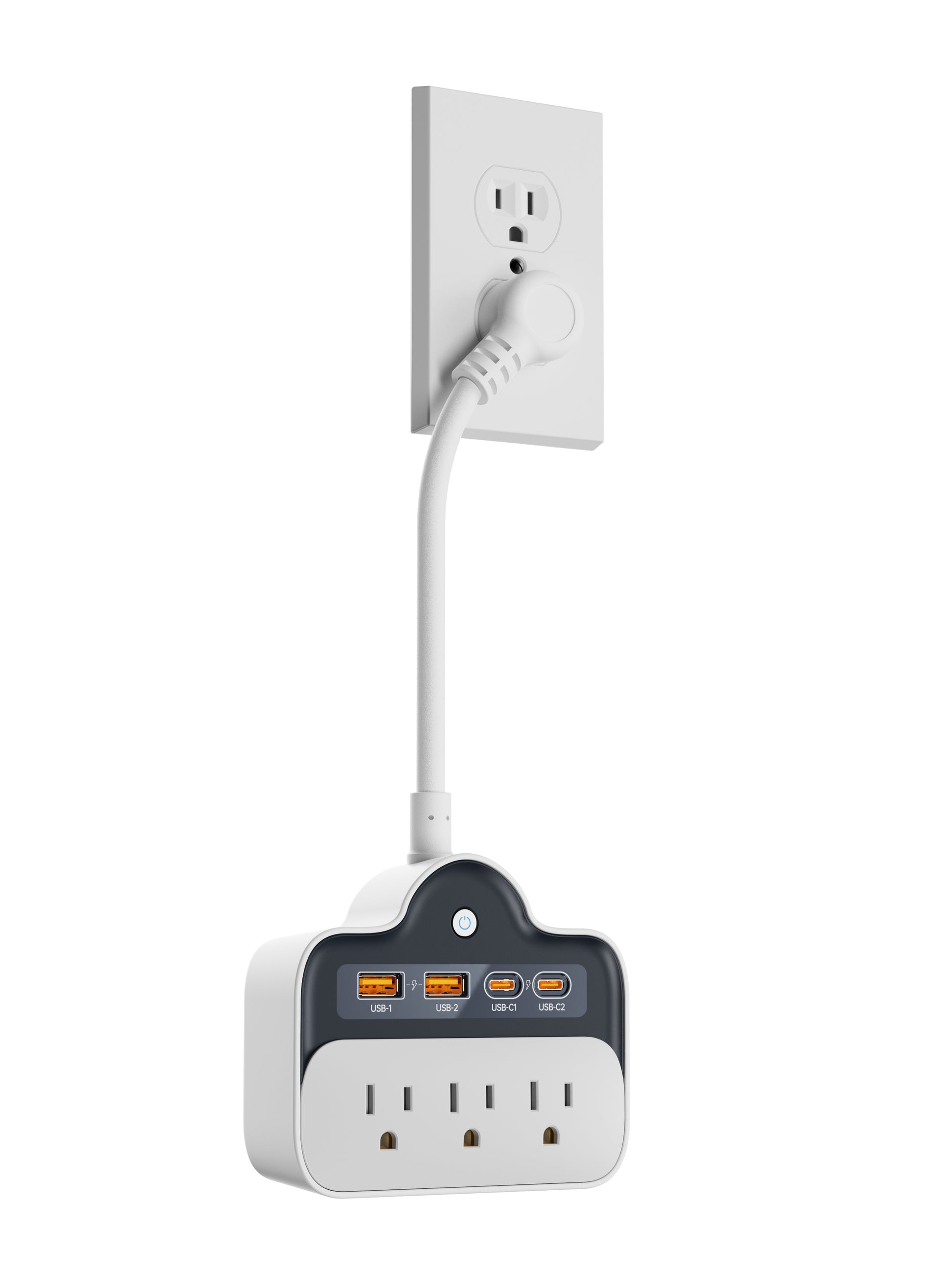 7-in-1 Compact Wall-Mount Power Strip with 65W PD USB-C Fast Charging – Short Cord Travel & Home Solution
