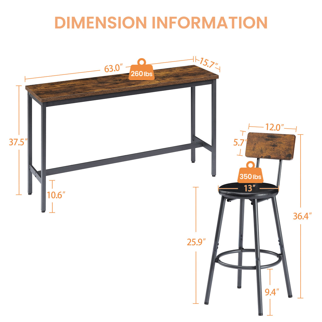 Industrial Bar Table Set with 3 PU Stools, Long Upholstered Bar Chairs Set for Kitchen