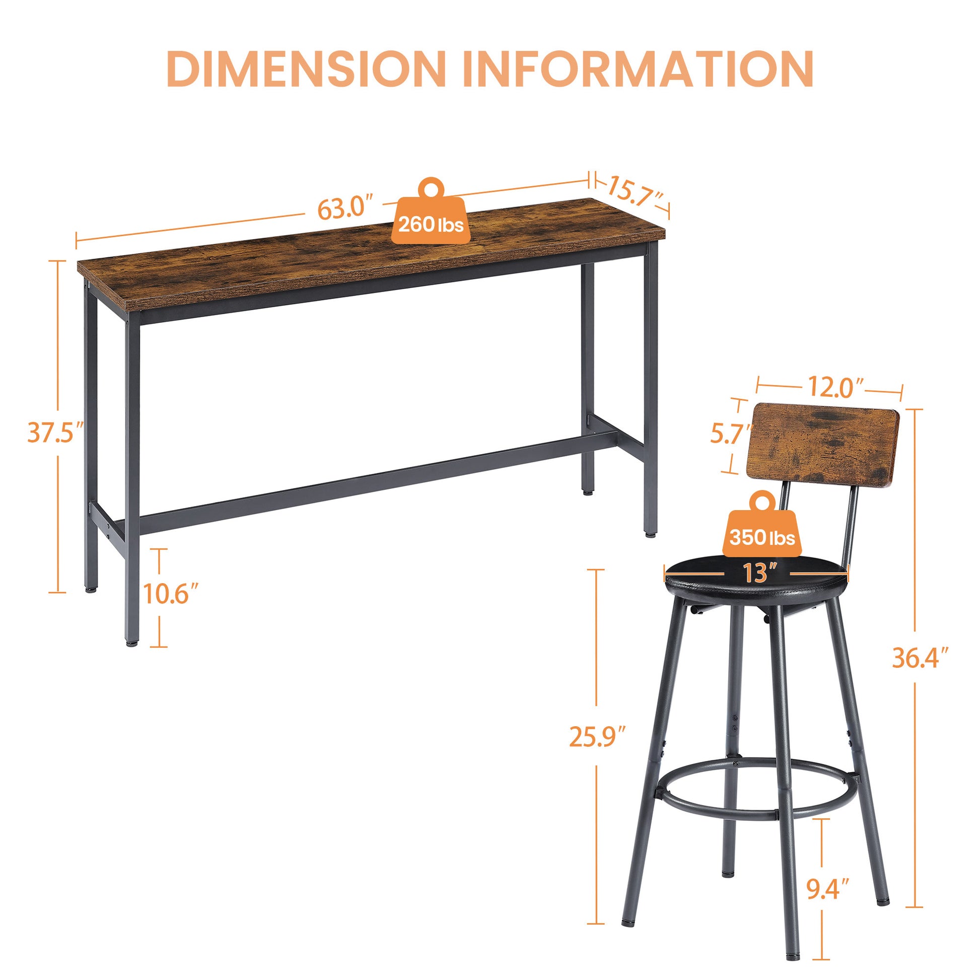 Industrial Bar Table Set with 3 PU Stools, Long Upholstered Bar Chairs Set for Kitchen