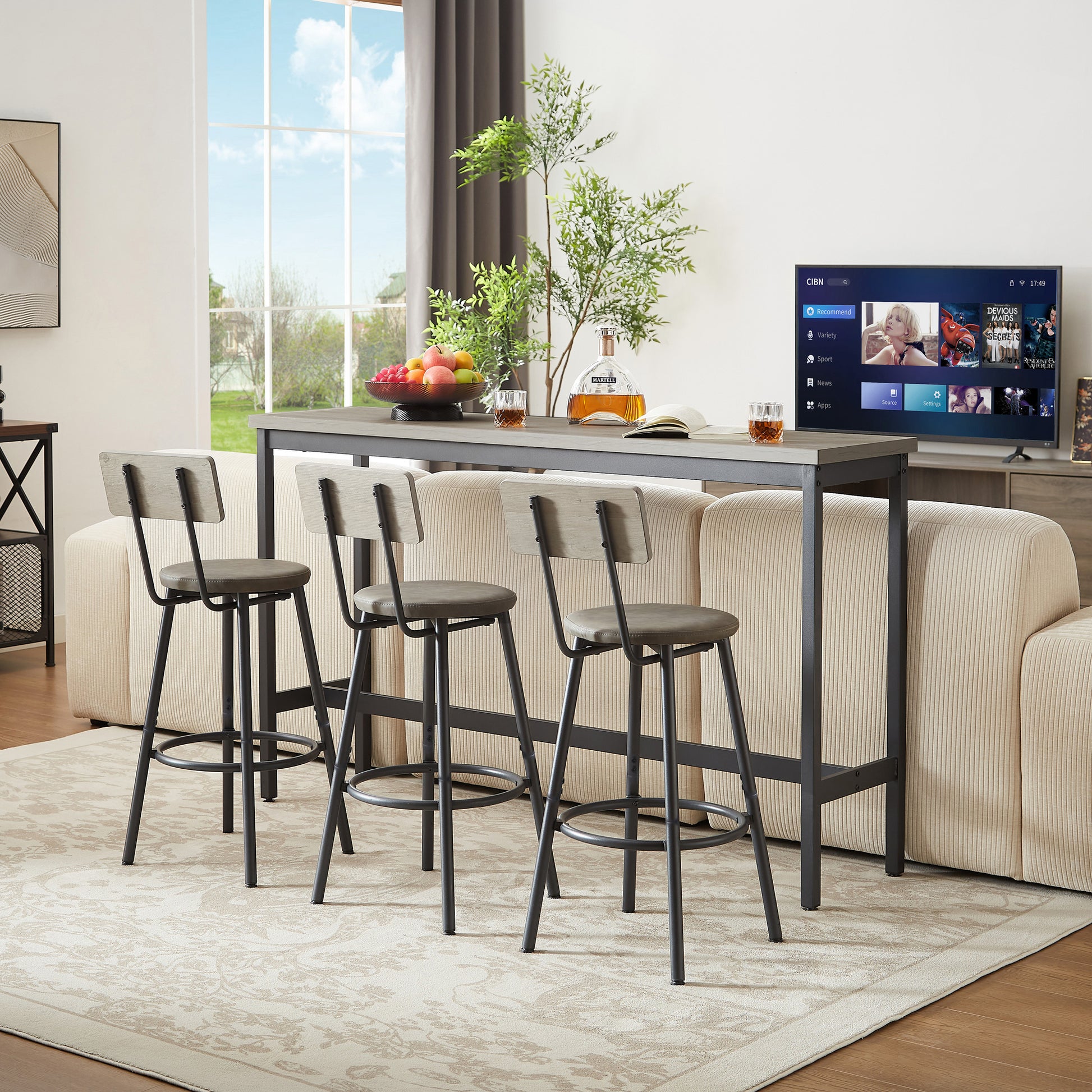 Industrial Bar Table Set with 3 PU Stools, Long Upholstered Bar Chairs Set for Kitchen