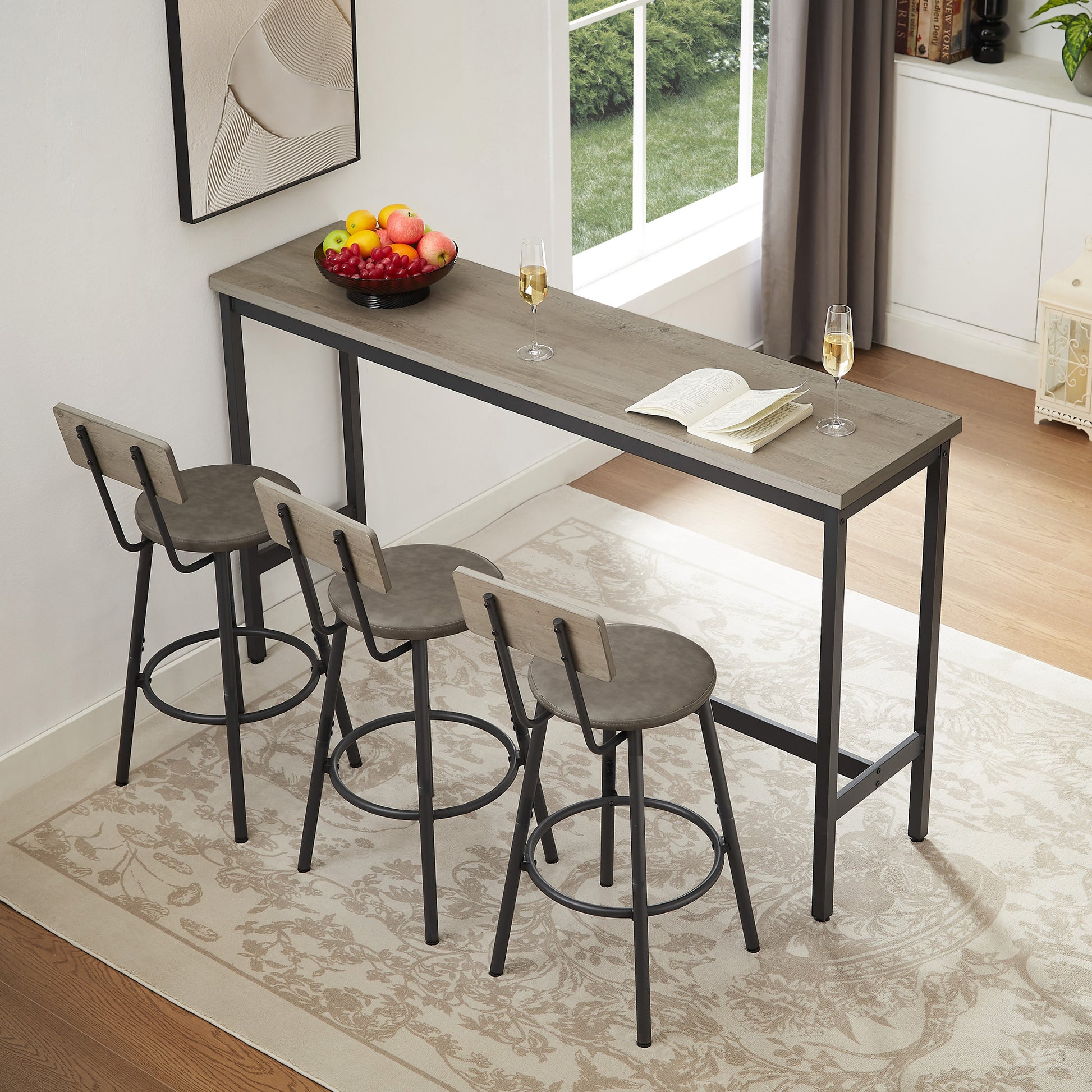 Industrial Bar Table Set with 3 PU Stools, Long Upholstered Bar Chairs Set for Kitchen