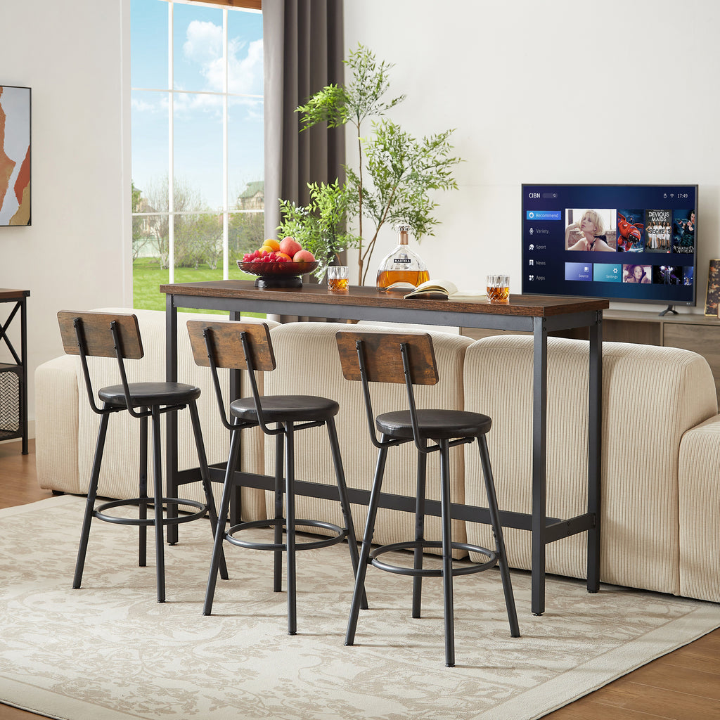 Industrial Bar Table Set with 3 PU Stools, Long Upholstered Bar Chairs Set for Kitchen