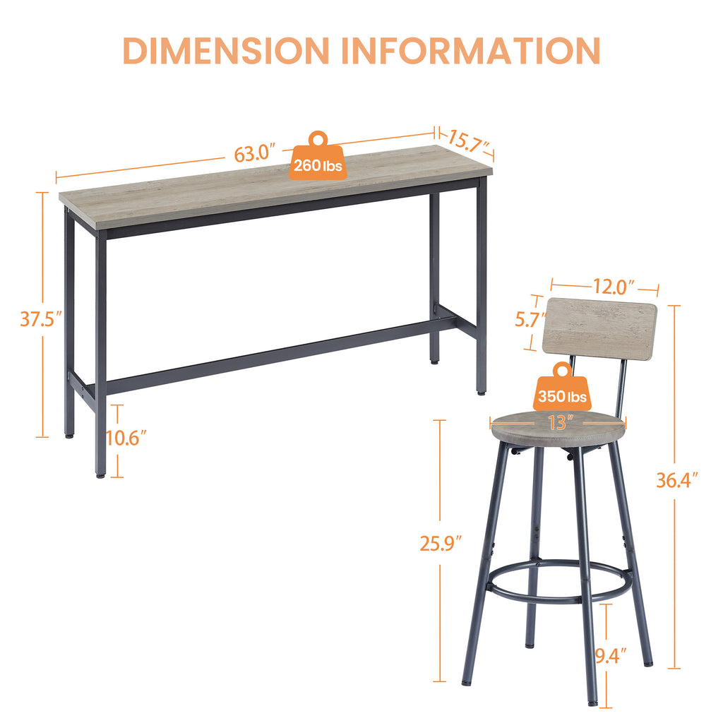 Industrial Bar Table Set with 3 PU Stools, Long Upholstered Bar Chairs Set for Kitchen