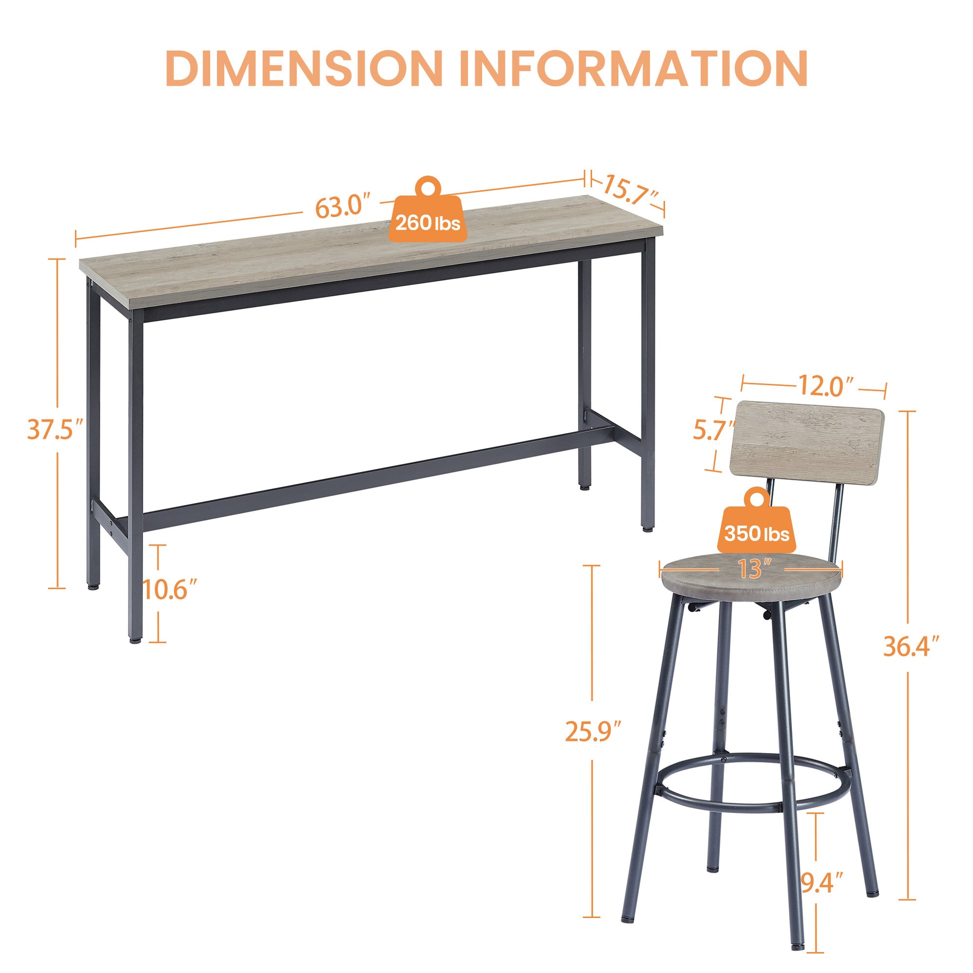 Industrial Bar Table Set with 3 PU Stools, Long Upholstered Bar Chairs Set for Kitchen