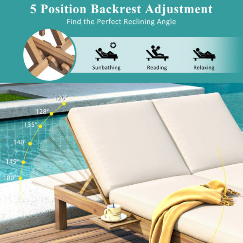 Double Chaise Lounge with Cushion and Folding Side Trays for 2 People Patio and Poolside