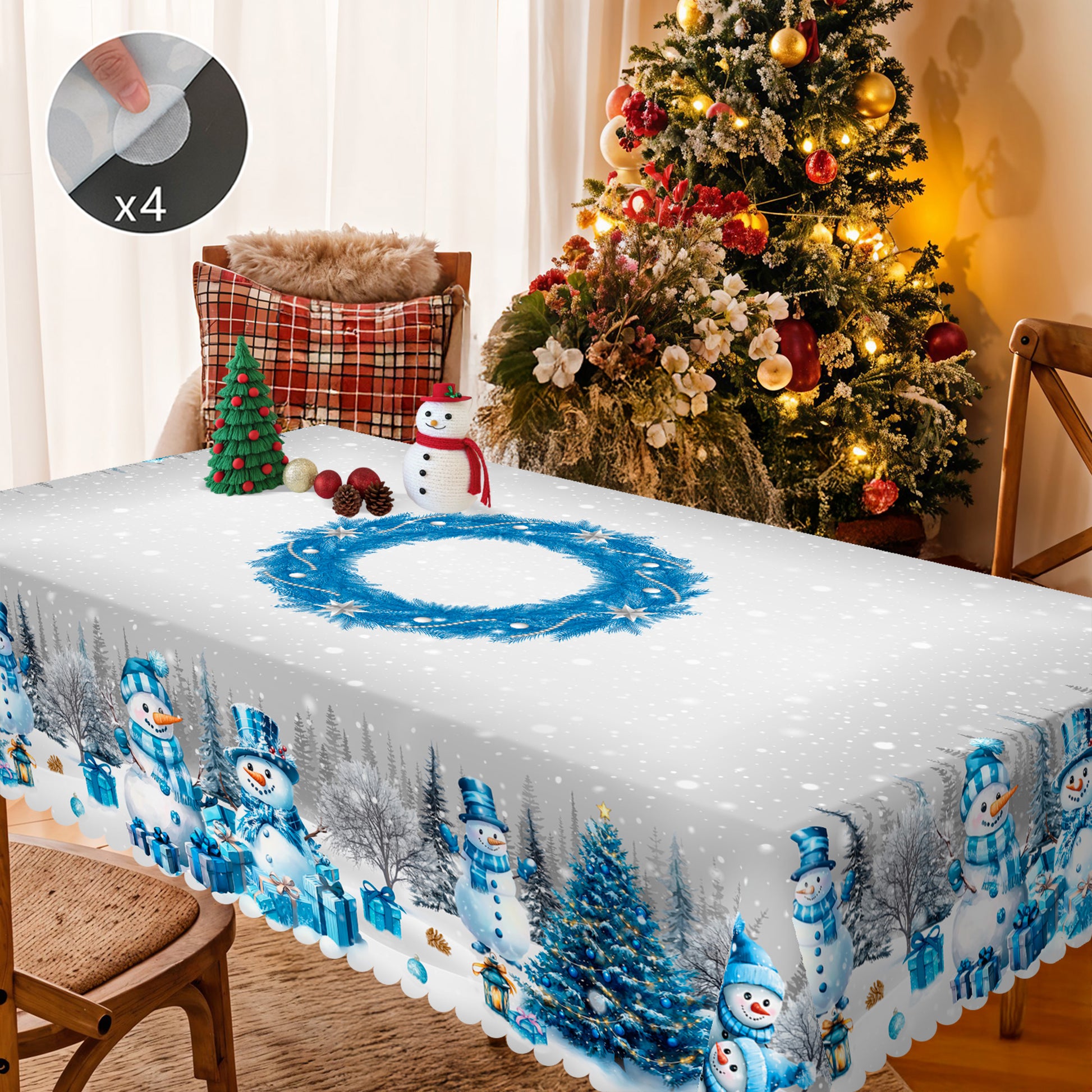 Christmas Tablecloth, Blue Snowman Snowflake Tablecloth, Washable Tablecloth for Winter Christmas Party Home Kitchen Decoration