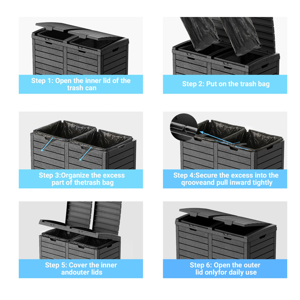 62 Gallon Outdoor Trash Bin, Resin Manual Lift Garbage & Recycling Storage Deck Box with Double-Bucket