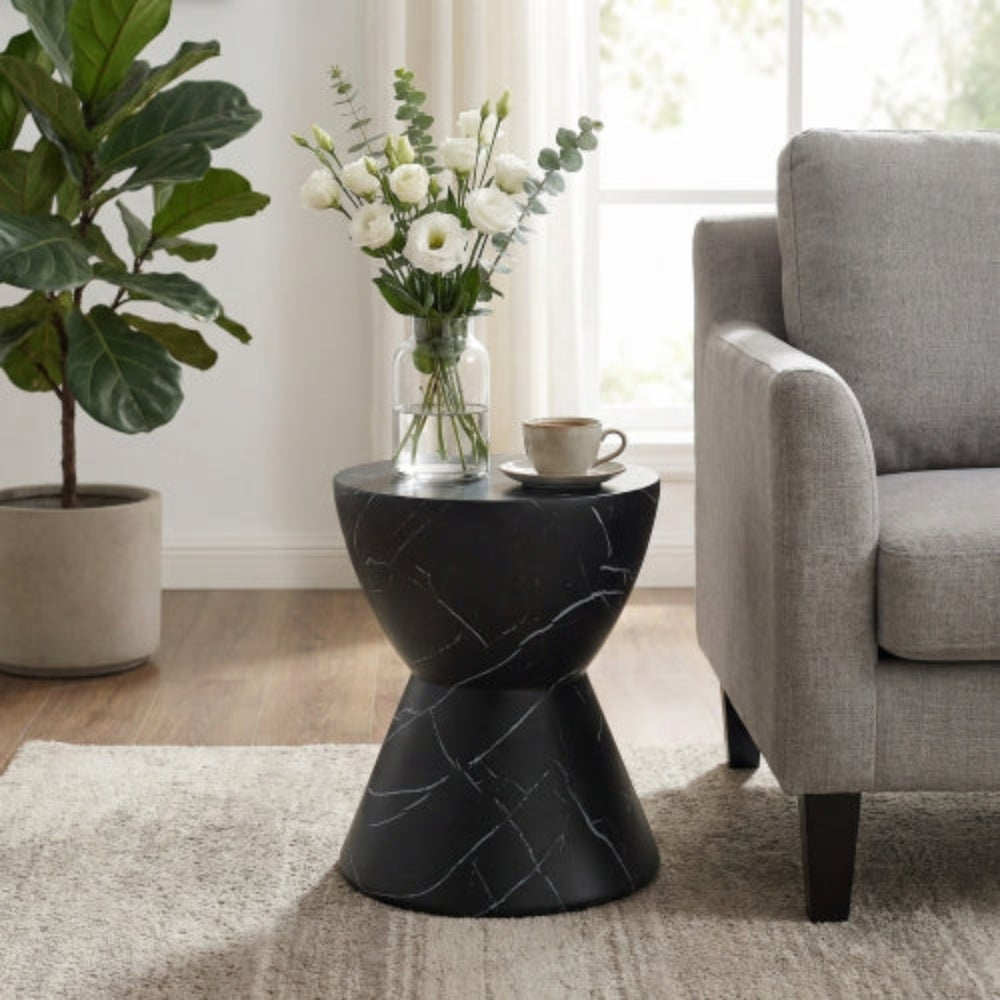 Outdoor Lightweight Concrete MGO Side Table, Marble Finish, Living Room Accent Table for Patio & Home - Black