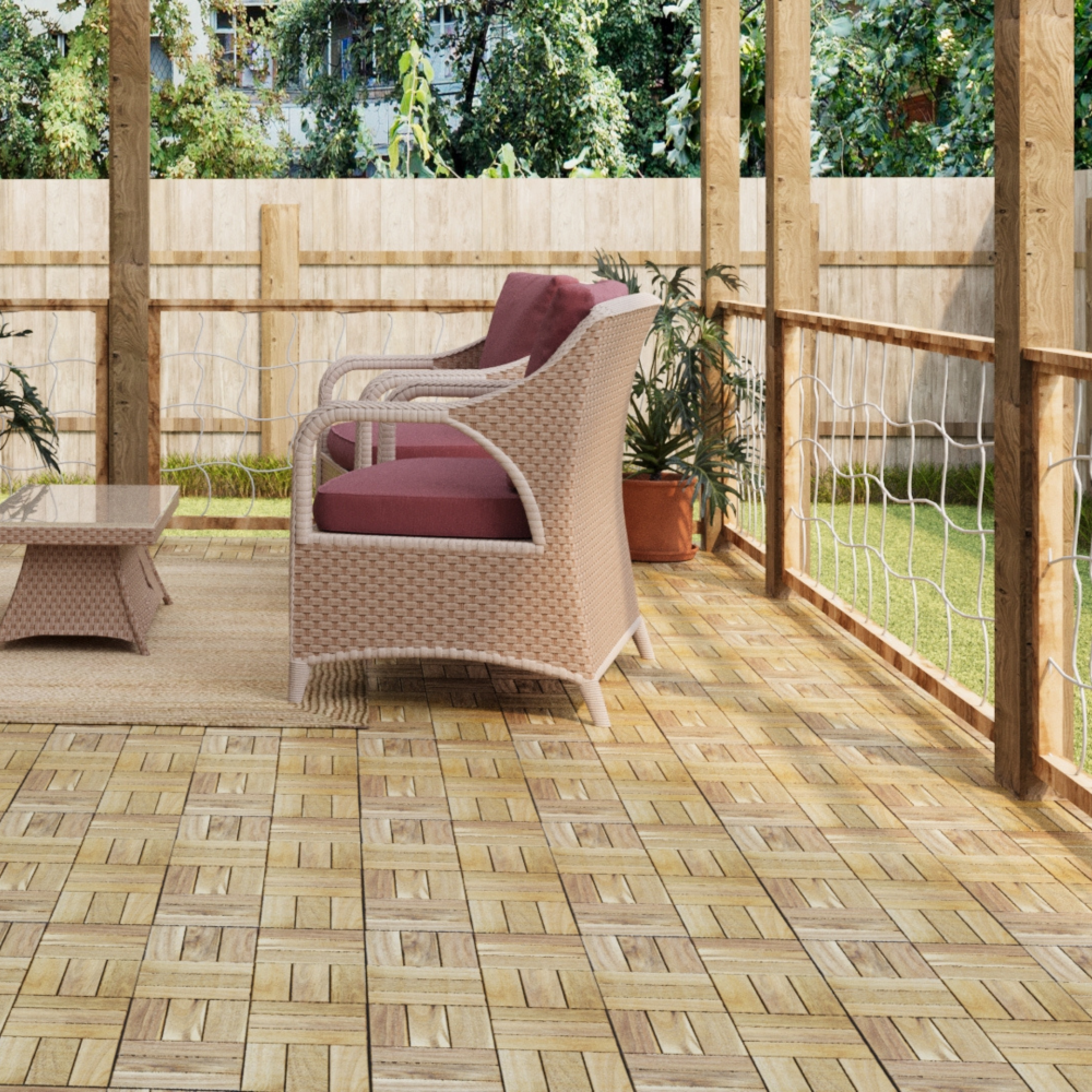 Chic Crate 10Pcs 12'' Yellow Acacia Hardwood Interlocking Deck Tiles – Checkerboard Pattern