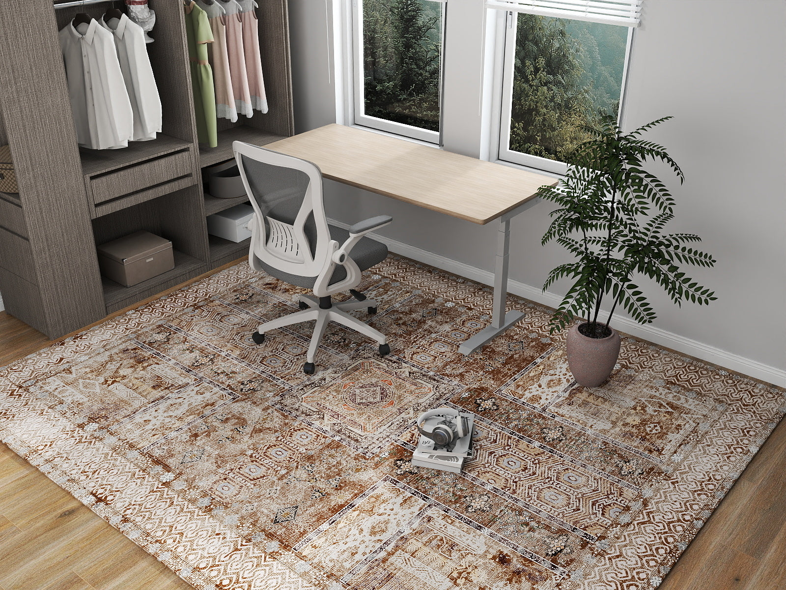 5x7ft Washable Vintage Area Rug, Thin Foldable Non-Slip Distressed Floral Carpet for Bedroom Living Room Bathroom