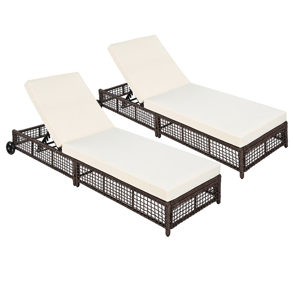 Outdoor Lounge Chair Set of 2, Patio Chaise Lounge with 5-Position Backrest, Rattan Outdoor Lounge Chair with Cushion and Wheels for Poolside, Backyard, Garden