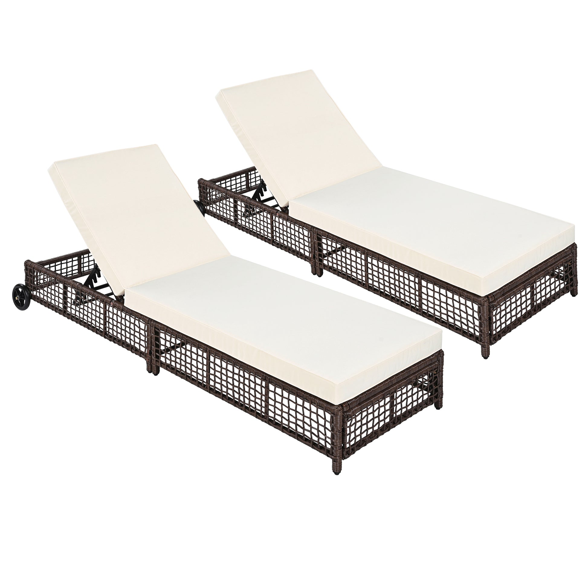 Outdoor Lounge Chair Set of 2, Patio Chaise Lounge with 5-Position Backrest, Rattan Outdoor Lounge Chair with Cushion and Wheels for Poolside, Backyard, Garden