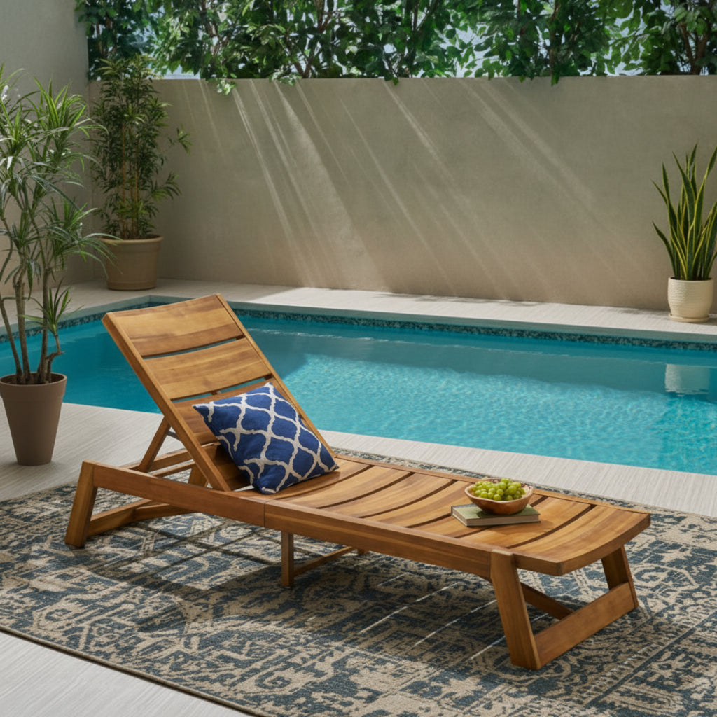 Outdoor Chaise Lounge, Solid Wood Patio Recliner, Weather Resistant for Pool & Backyard