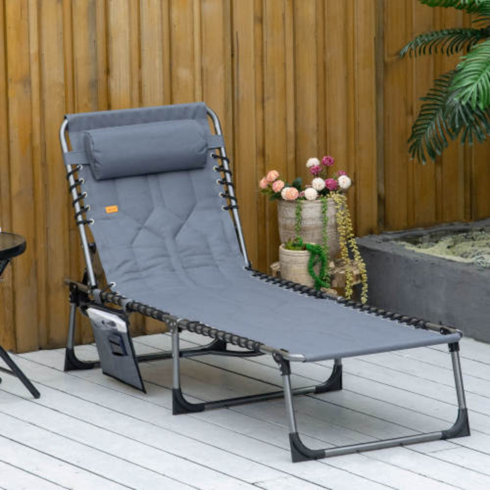 Padded Folding Chaise Lounge Chair, Reclining Outdoor Tanning Chair with Headrest, for Beach, Yard, Patio & Pool, Gray