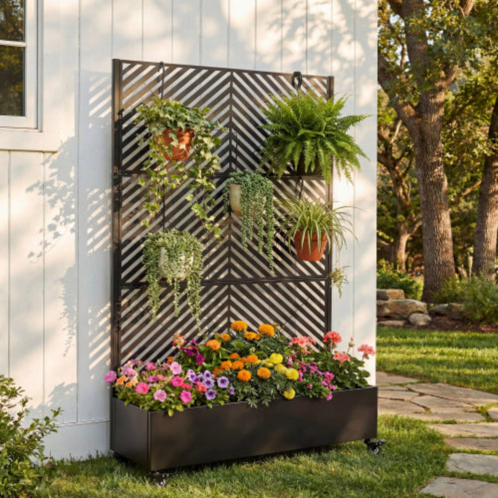 Metal Raised Garden Bed with Wheels, Privacy Screen Drainage Holes & Trellis 73"x47"x16" Planter Box for Outdoor Climbing Plants Vegetables Vines