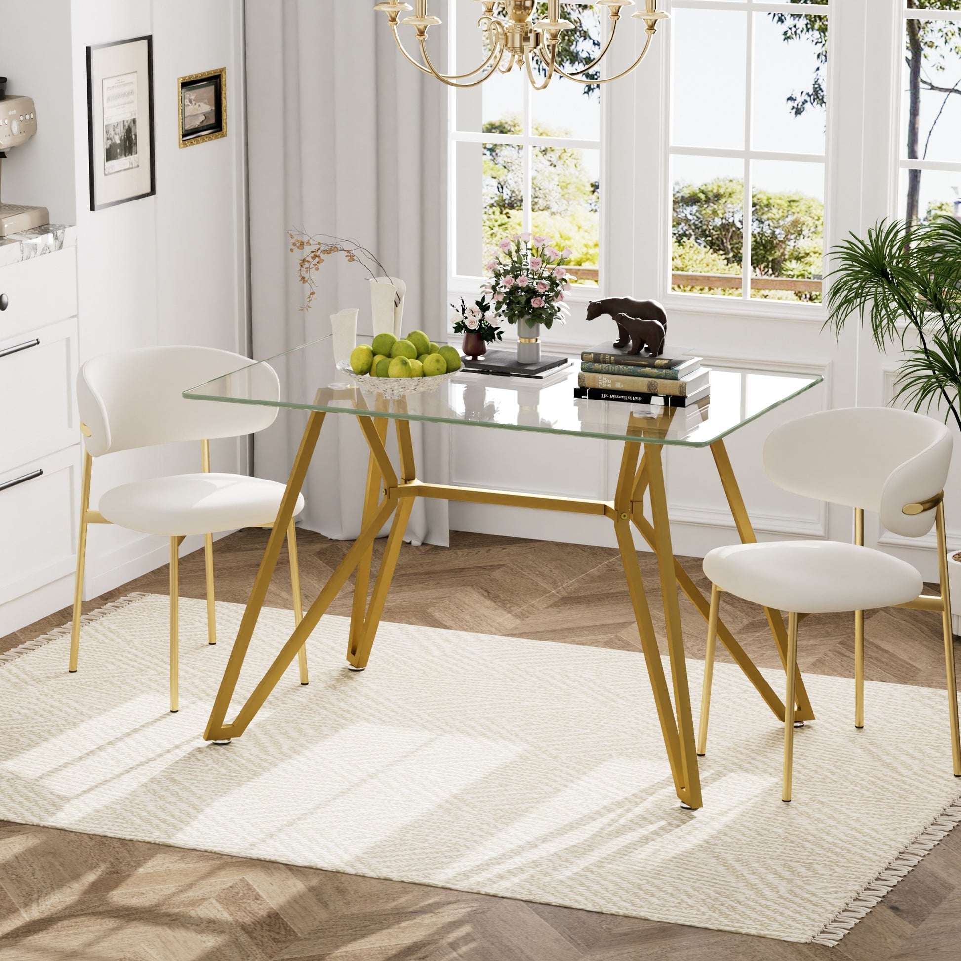 Modern Tempered Glass Dining Table, Rectangular/Round with Metal Legs, Space-Saving Kitchen Table