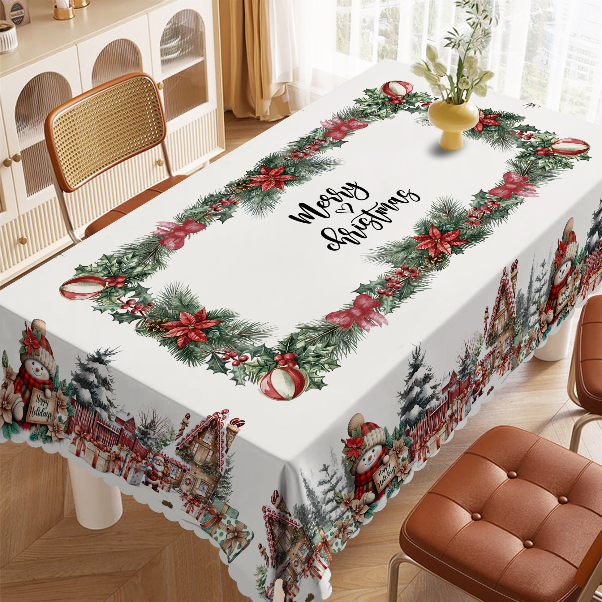 Christmas Tablecloth with Santa, elk and Wreath Designs, Dustproof Dining Table Cover for Holiday Decor