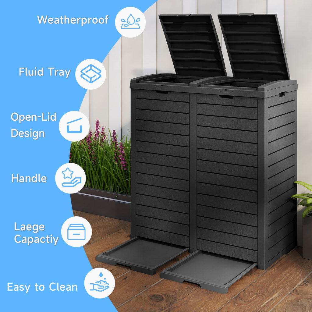 62 Gallon Outdoor Trash Bin, Resin Manual Lift Garbage & Recycling Storage Deck Box with Double-Bucket