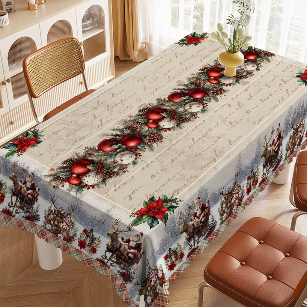Christmas Tablecloth with Santa, elk and Wreath Designs, Dustproof Dining Table Cover for Holiday Decor
