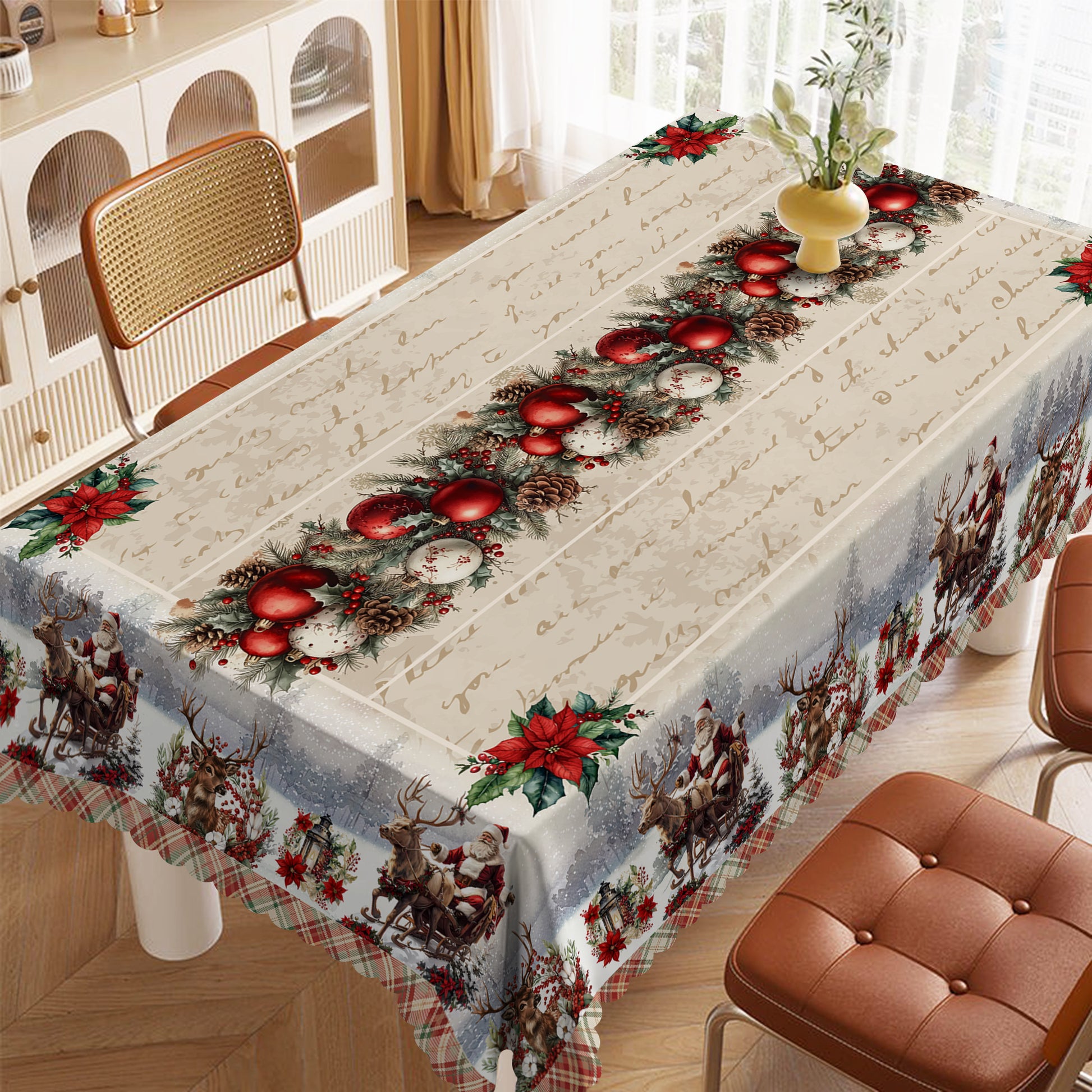 Christmas Tablecloth with Santa, elk and Wreath Designs, Dustproof Dining Table Cover for Holiday Decor