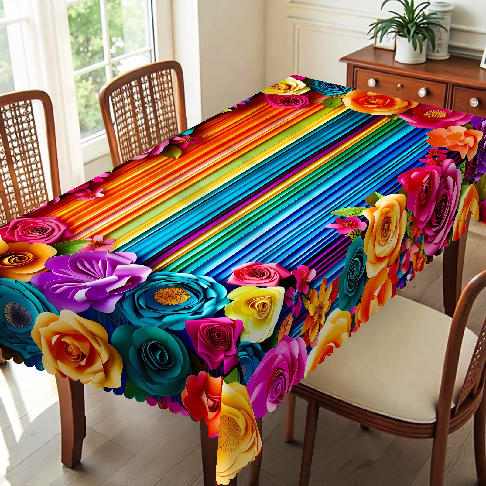 Mexican Floral Tablecloth, Colorful Fiesta Style Dustproof Easy-Care Dining Table Cover for Indoor Outdoor Decor
