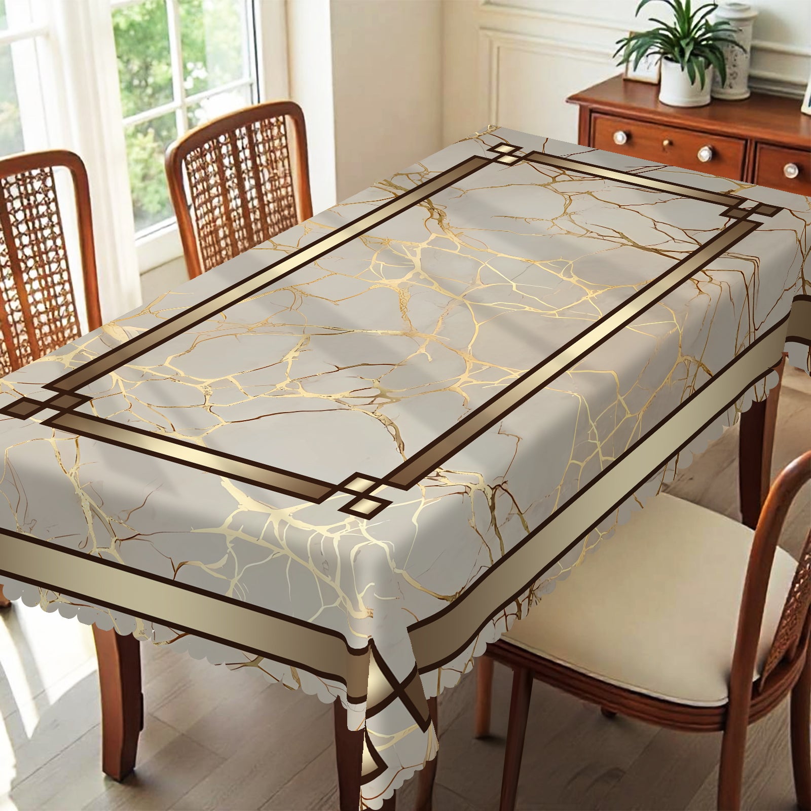 Vintage Golden stripes Tablecloth, Dustproof Easy-Care Dining Table Cover for Indoor Outdoor Use and Festive Home Decor