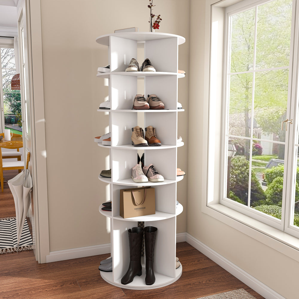 Chic Crate 6-Tier Rotating Shoe Rack Tower, 360° Revolving Free Standing Organizer, Holds 24 Pairs – White