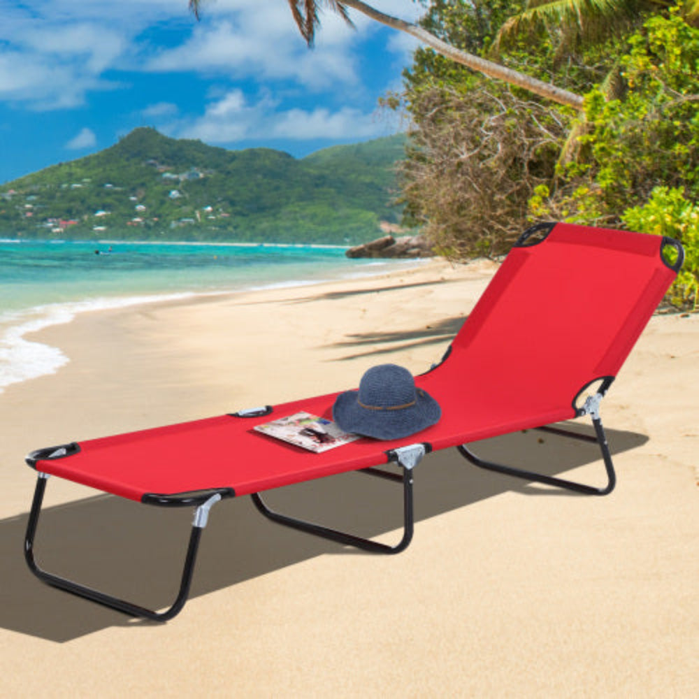 Folding Chaise Lounge Pool Chairs, Outdoor Sun Tanning Chairs with 5-Level Reclining Back, Steel Frame for Beach, Yard, Patio, Red