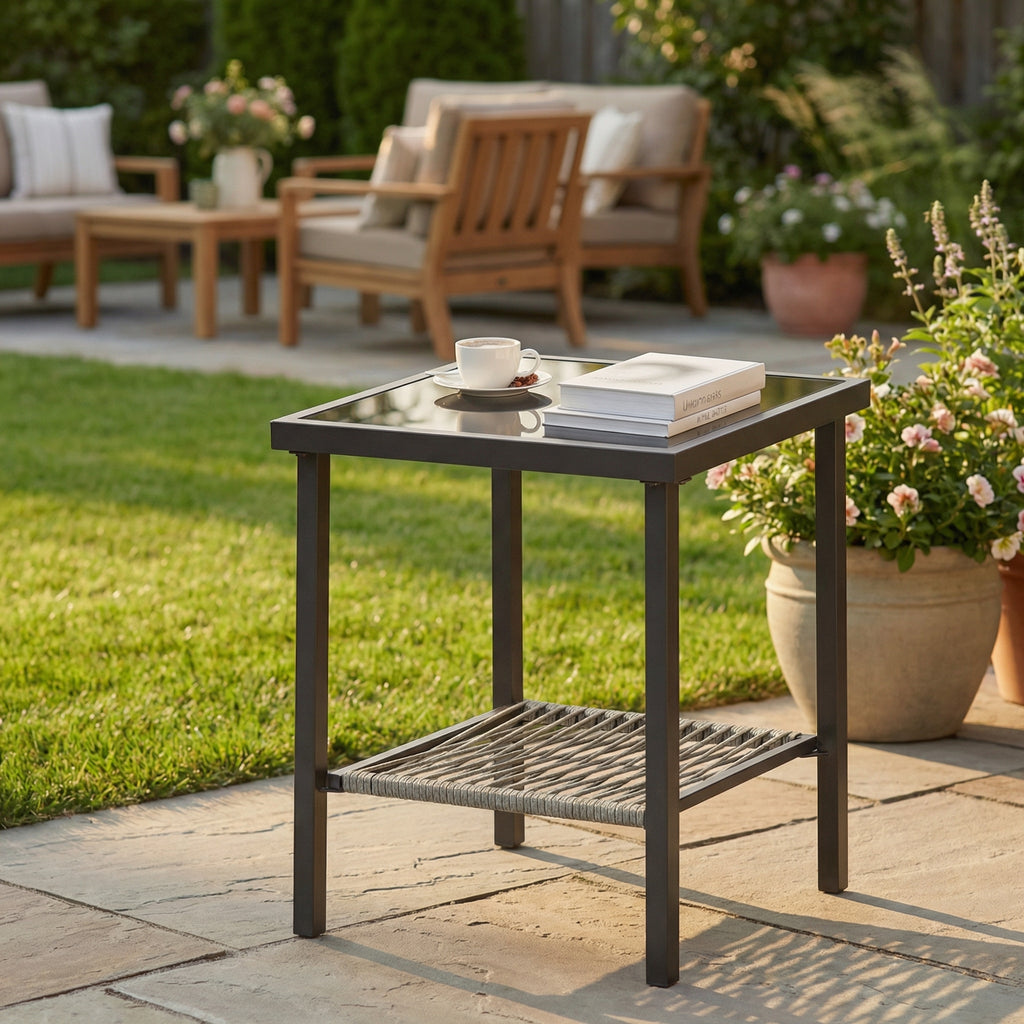 Outdoor Wicker Side Table, 22x18x18 Inch All Weather Rattan Square End Table, Small Patio Table for Pool, Balcony, Deck, Porch & Backyard, Dark Gray